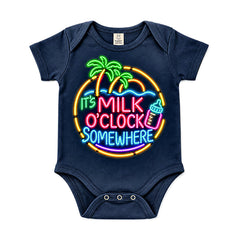 Navy infant bodysuit with neon palm tree design reading It's Milk O'Clock Somewhere