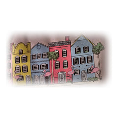 Pale pink infant tee with pastel Rainbow Row houses and pink flamingos, Charleston South Carolina